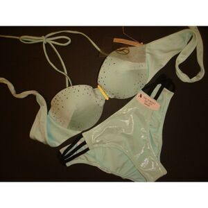 NWT Victoria's Secret 32B BIKINI BLUE foiled crystallized S bottom jeweled GOLD